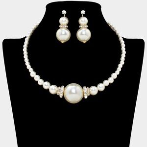 Rhinestone Pearl Necklace and Earring Set
